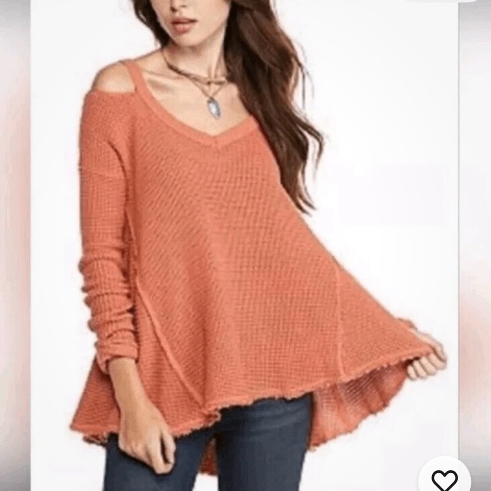 Free People Terracotta Cold-Shoulder V-Neck Swing Sweater - Picture 1 of 4